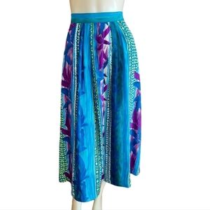 Vintage Tropical Print Midi Skirt size Medium Pockets Pleated Elastic Waist